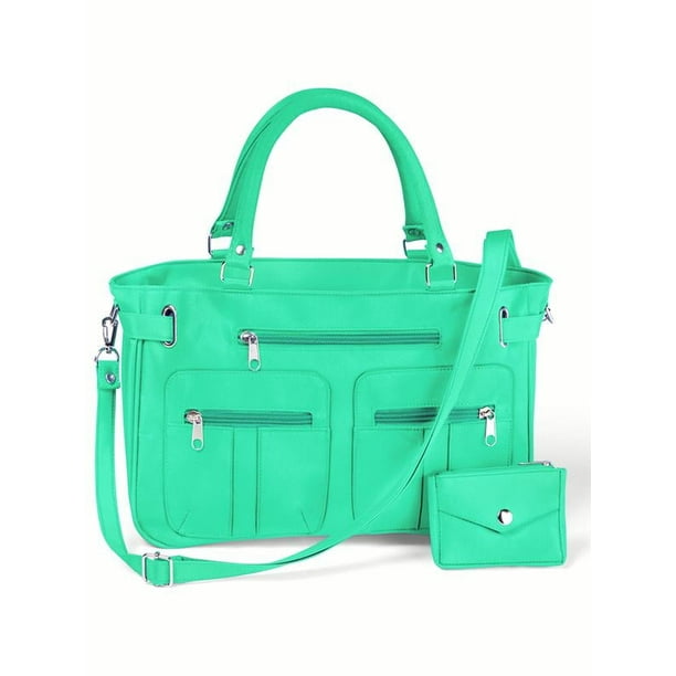 Bolso de mano de microfibra con doble asa y cremallera para mujer, seis bolsillos y monedero a juego, color verde azulado, de Collections Etc.