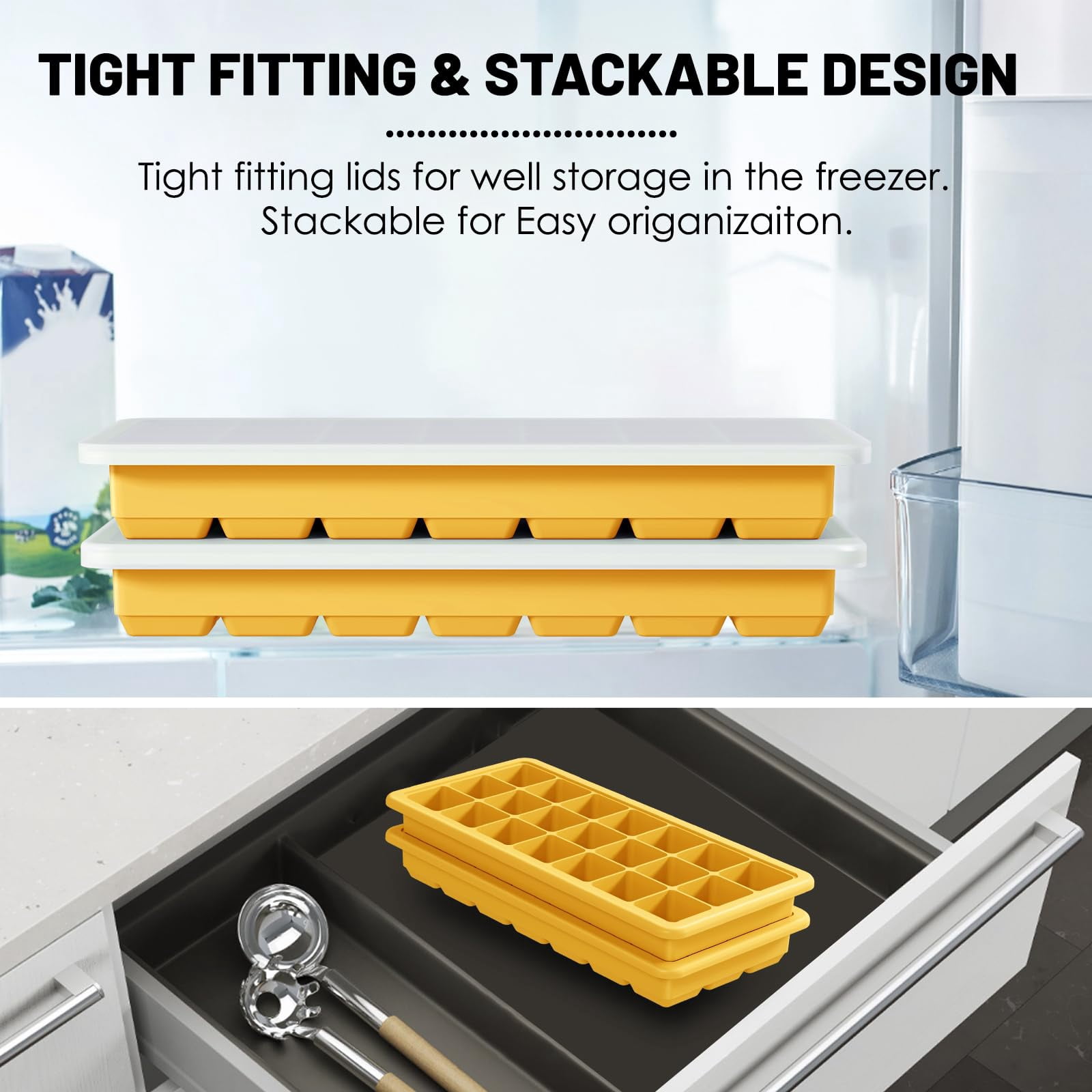 Silicone Ice Cube Trays 3packs  Easy Release Molds With Lid Freezer Stackable Maker For Food Bpa Free (2 Yellow)