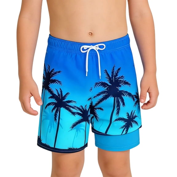FAOWME Kids Boys Swim Trunks Drawstring Elastic Waist Coconut Tree Print Comfortable Breathable Beach Shorts For Summer Pool Party,Blue,5-6 Years