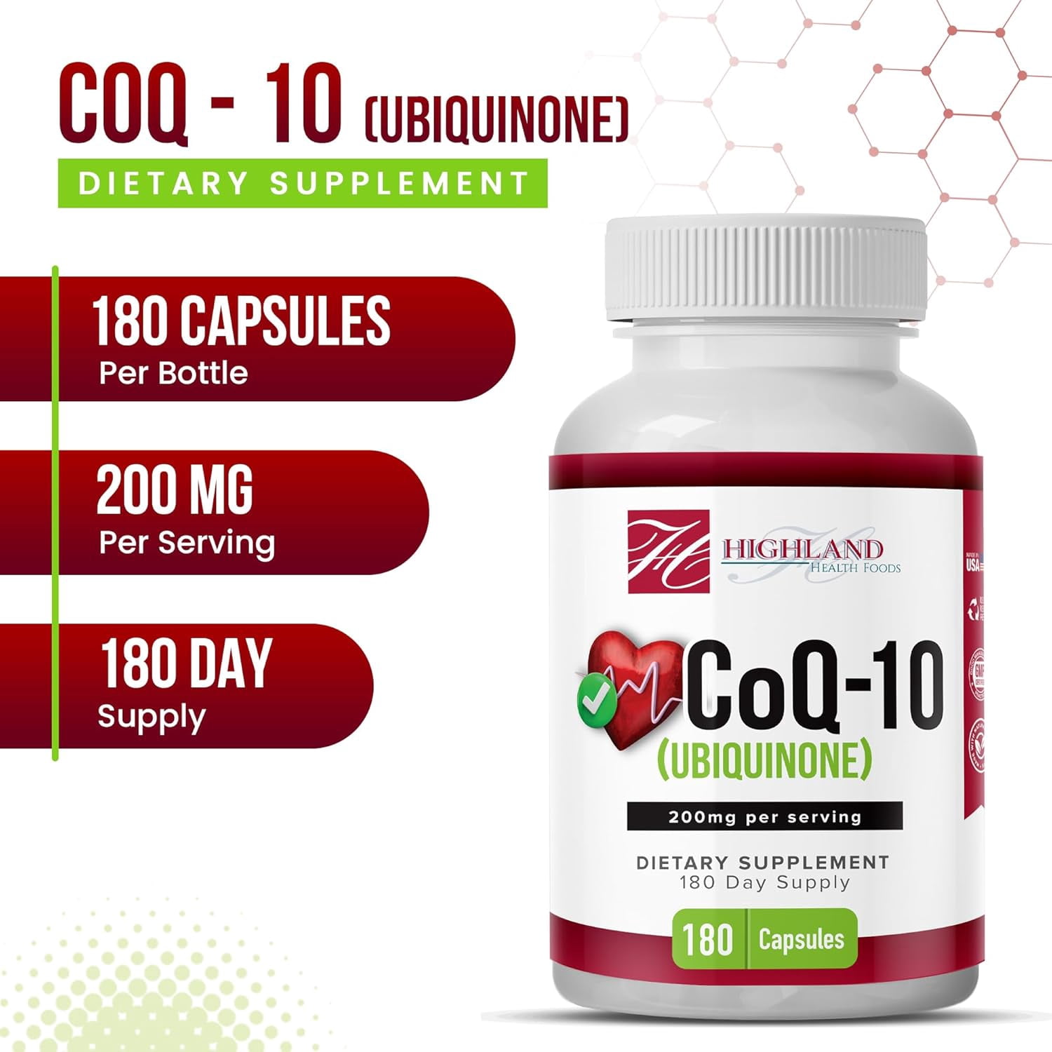 CoQ10 200mg 180 Vegetarian Capsules for Heart Health, Non-GMO, Easy to Swallow, Supports Cellular Energy Production and Cardiovascular Health