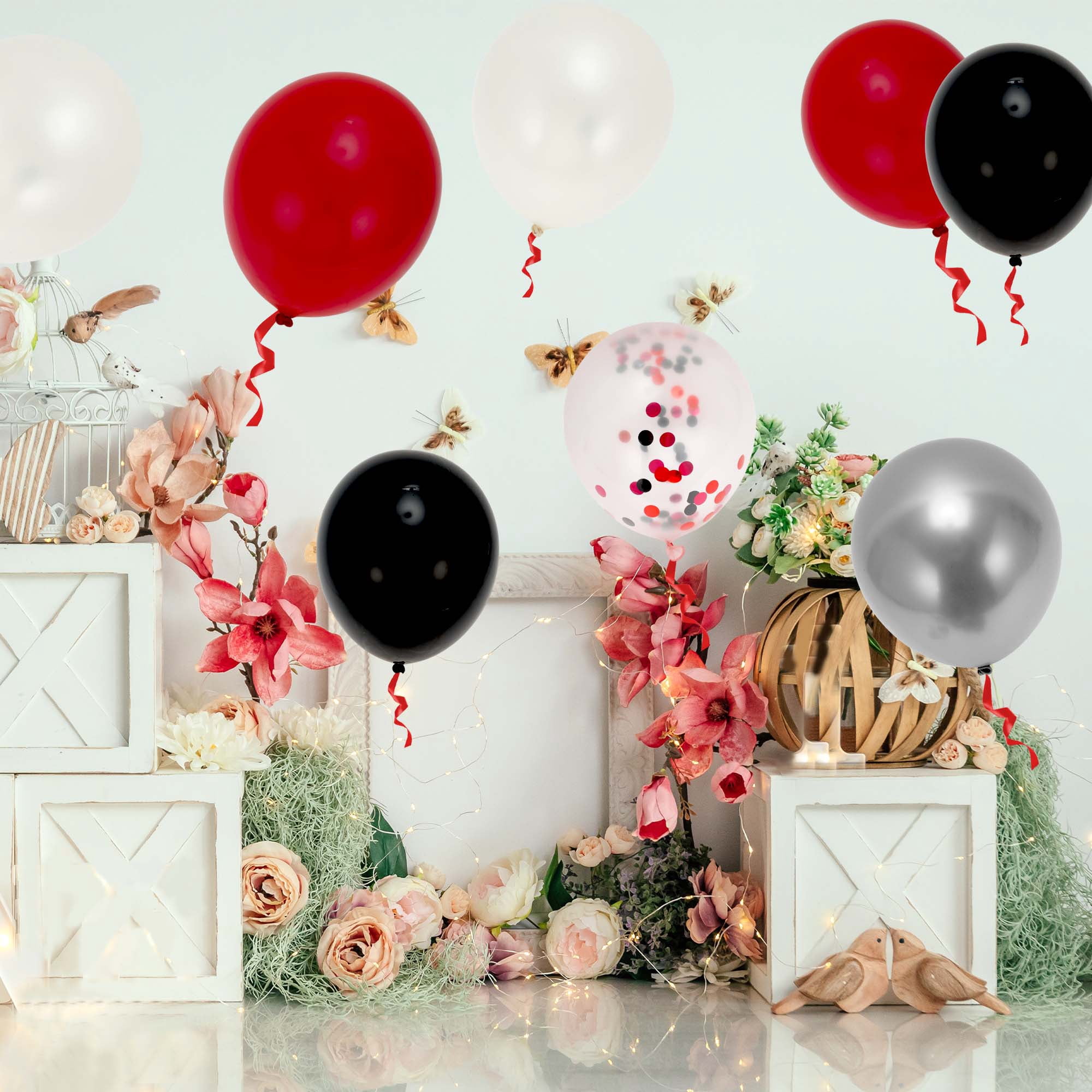 Unique Bargains Latex Party Balloons with Ribbon Red White Black Silver 12Inch 50Pcs