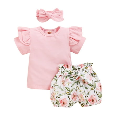 

LBECLEY Young Girl Clothes Outfits Frill Solid Girls Tops+Floral Baby Clothe Shorts+Headband Girls Outfits&Set Teen Sweats Girls Sweatshirt Pink 90