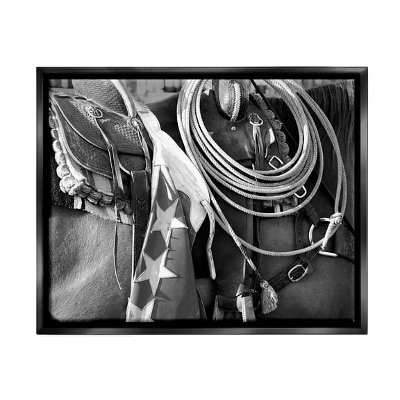 Stupell Industries Equestrian Saddle Photography Animals & Insects Photography Black Floater Framed Canvas Art Print Wall Art, 21 x 17