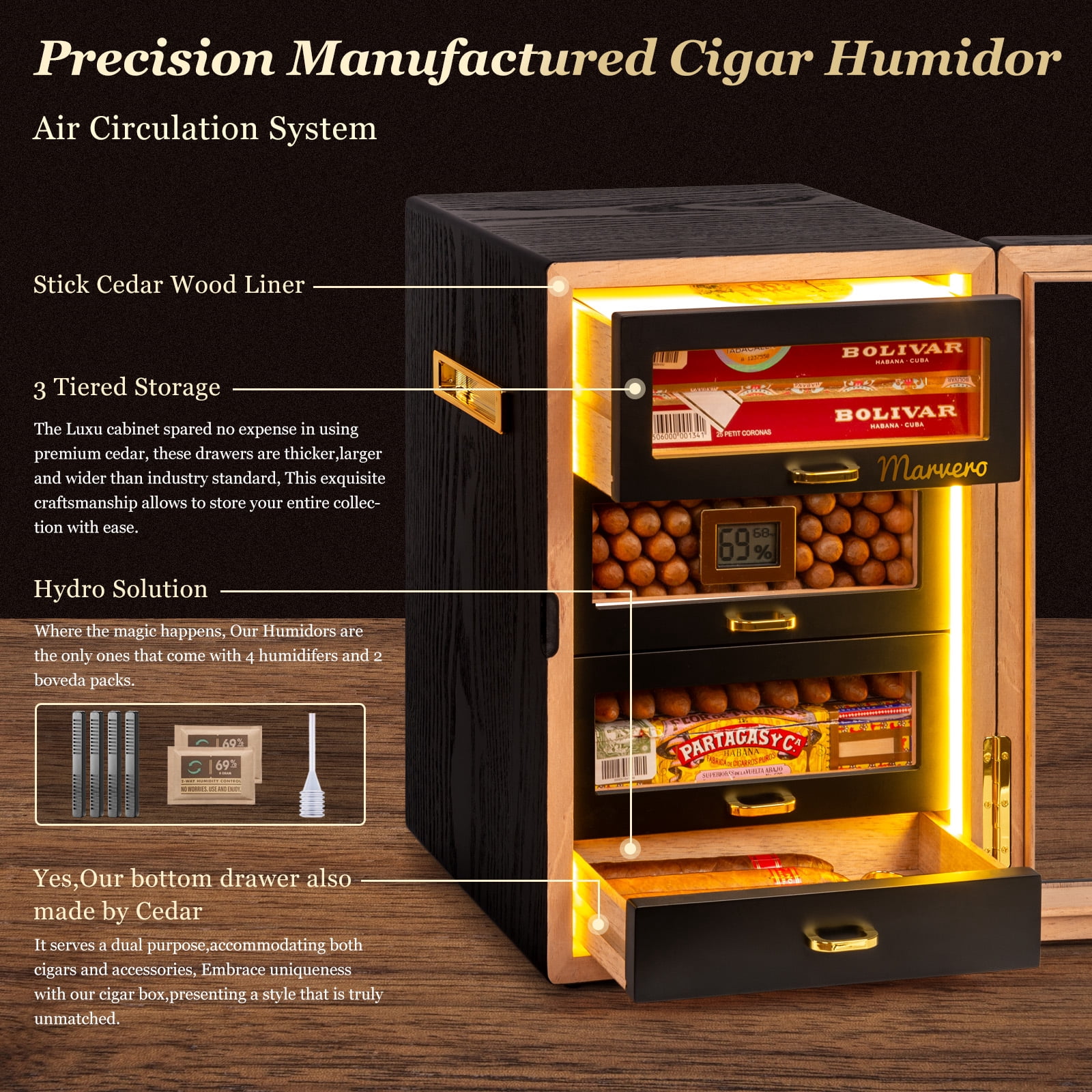 Marvero Cigar Humidor Cabinet, 200 Count, Black Finish, Glass Door, LED Light, Digital Hygrometer, Cedar Drawers