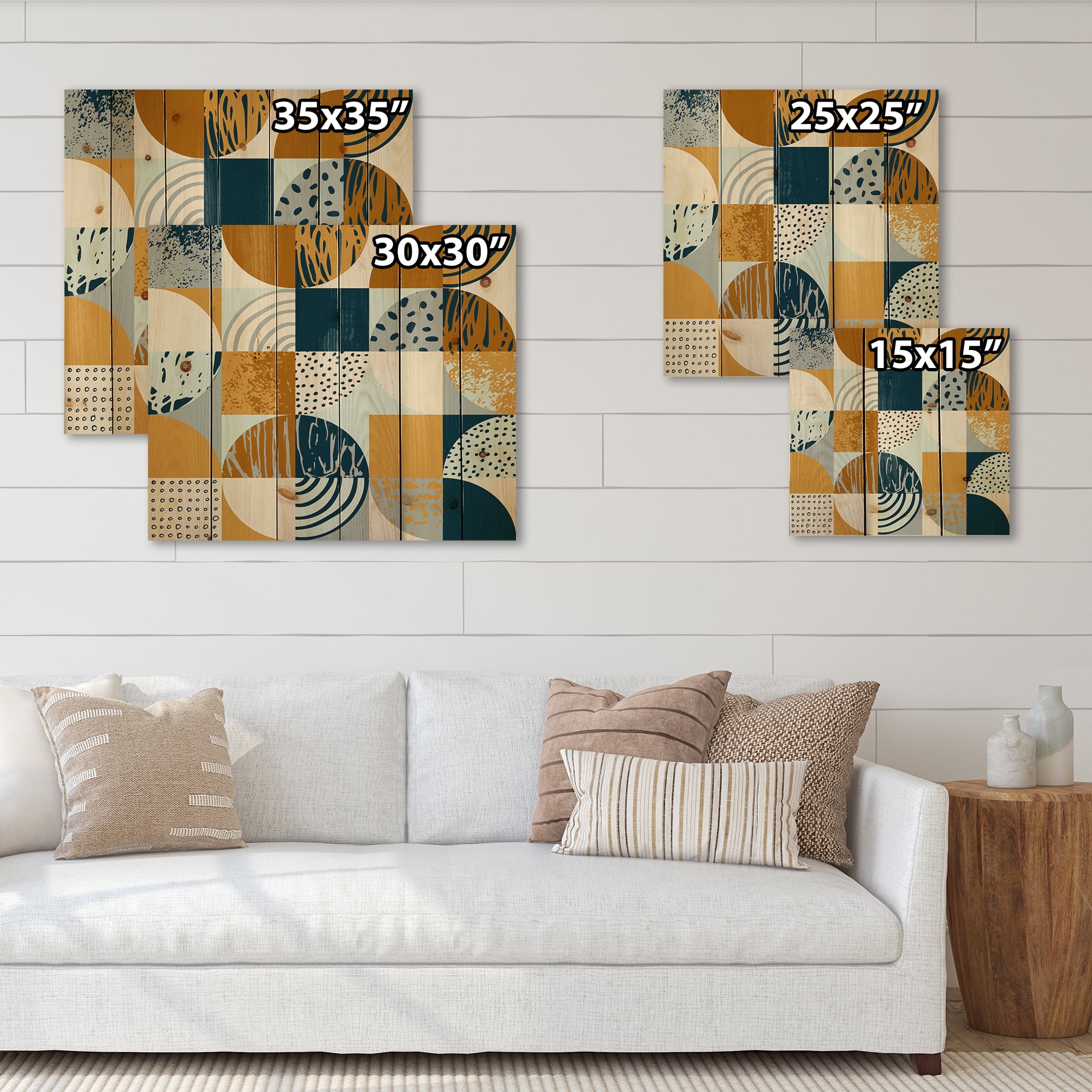 Designart 'Retro Semicircles Squares and Circles' Modern Print on Natural Pine Wood