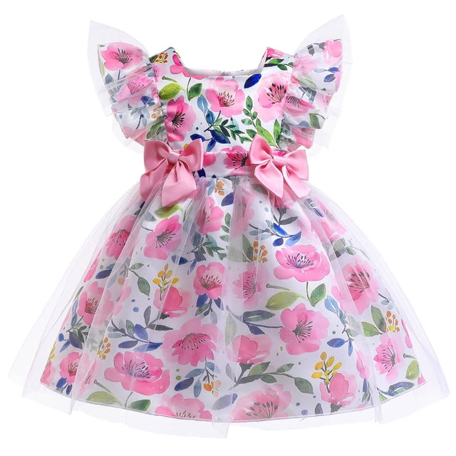 Penkiiy Robes Filles Tout-Petits Filet Fleurs Maille Imprimé Nœud Volants Robe de Fête d'Anniversaire Longues Robes Roses pour 2-3 Ans