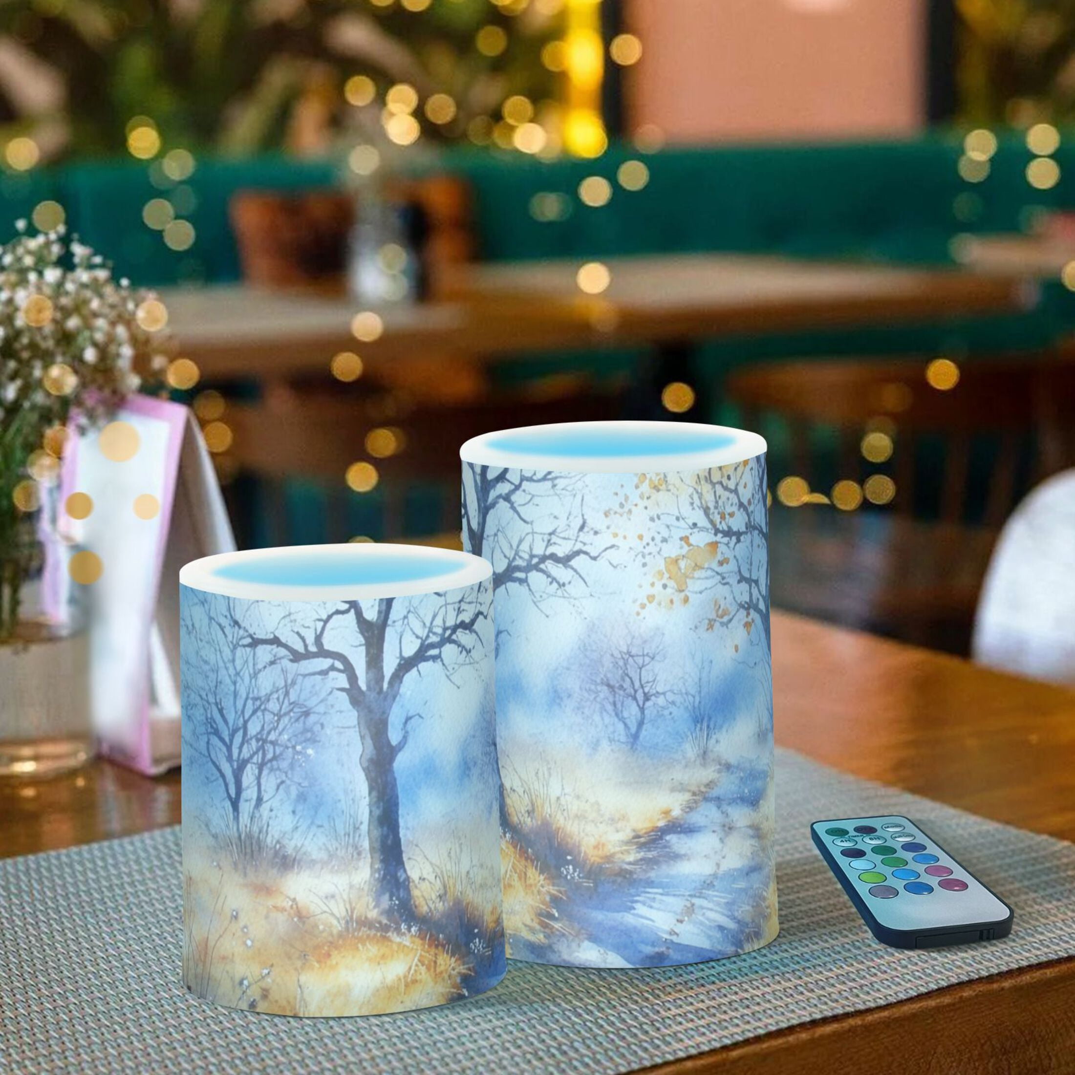 Watercolor Autumn Trees Flickering Flameless Candles Battery Operated with Remote Timer LED Pillar Candles Set of 2