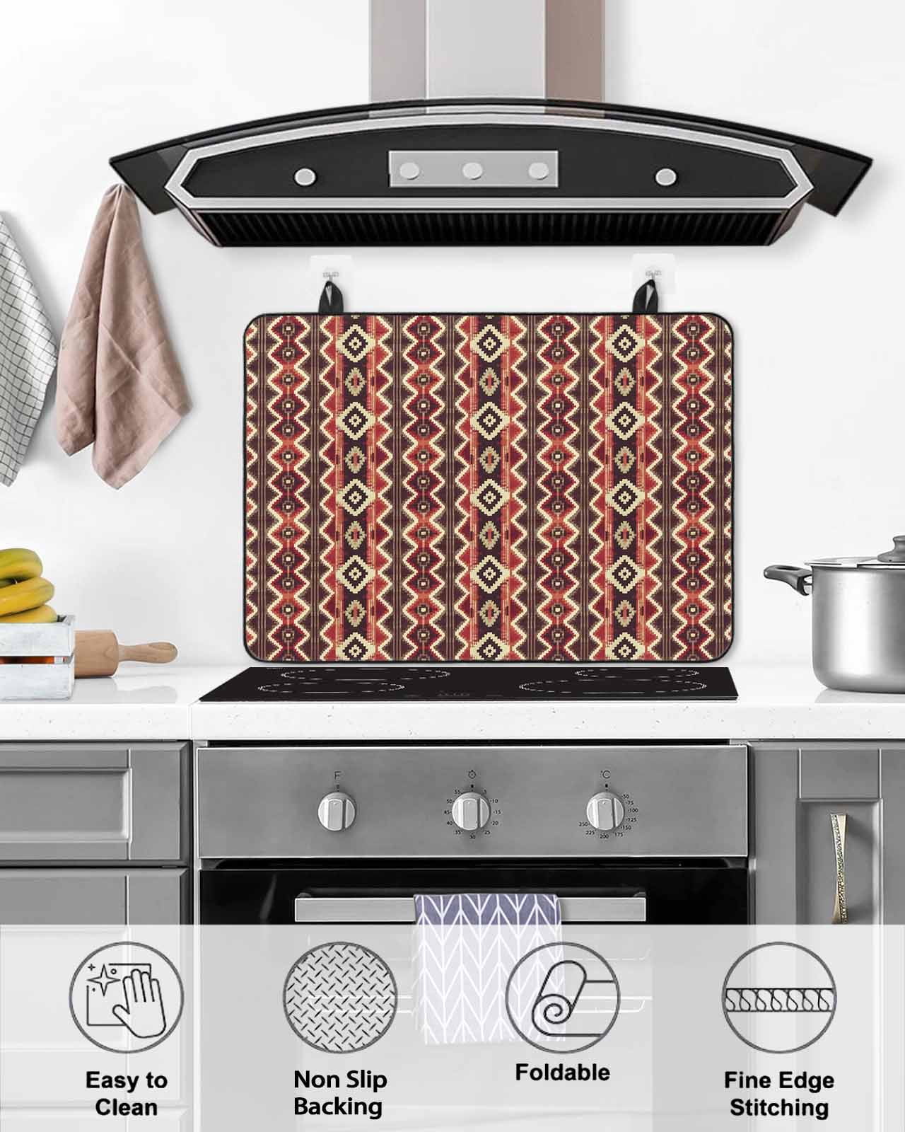 nqOlkjepod Large Induction Cooktop Protector Mat 36"x21", Red Brown Geometric Stove Top Covers for Electric Stove, Ethnic Southwest Country Decorative Stove Burner Cover Mats, Glass Top Stove Cover
