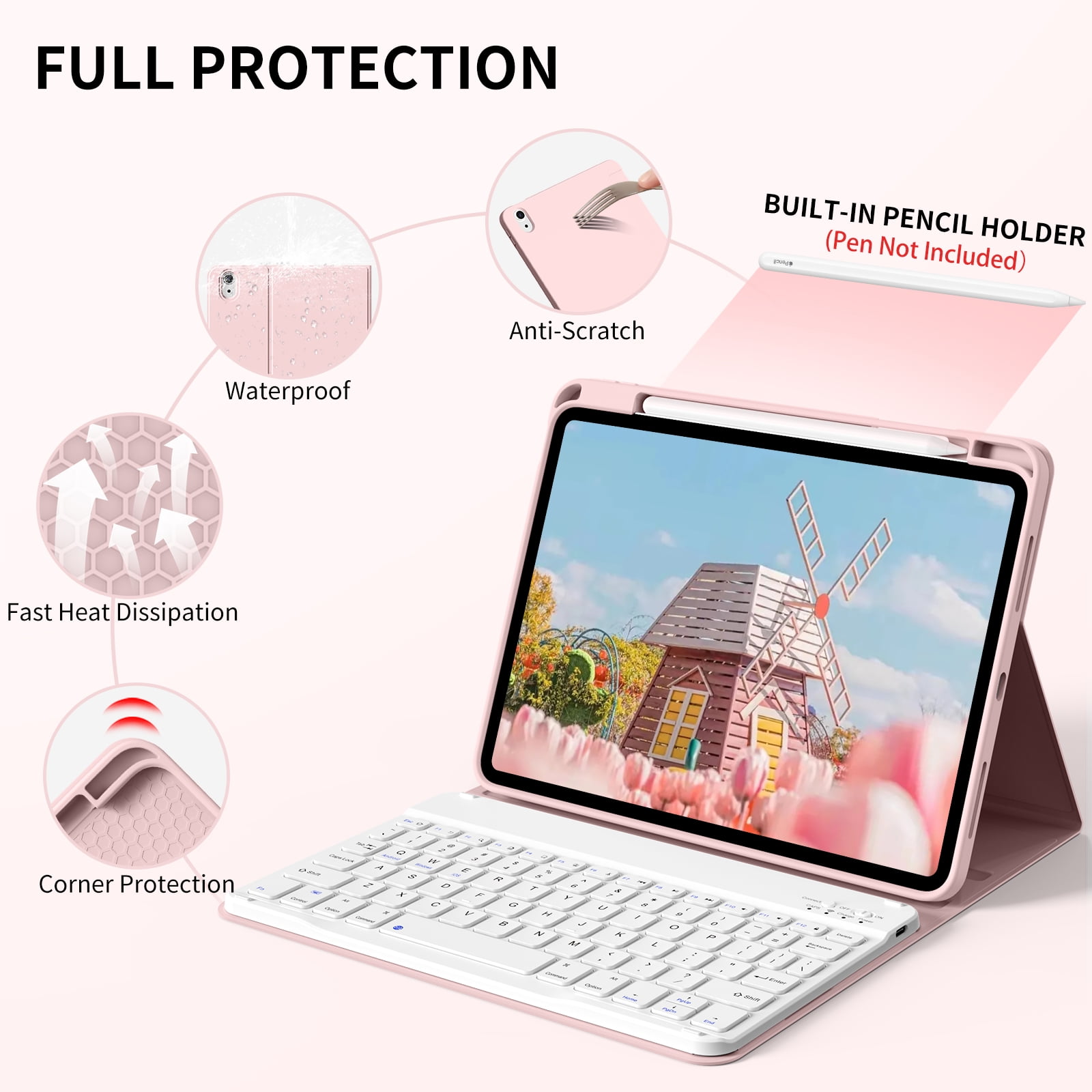Kenke Case for iPad (A16) 11th Generation 11 inch 2025 with Keyboard,iPad 10th Generation 10.9 inch 2022 Detachable Bluetooth Keyboard Rechargeable,with Pencil Holder,Soft TPU Back Cover,Pink