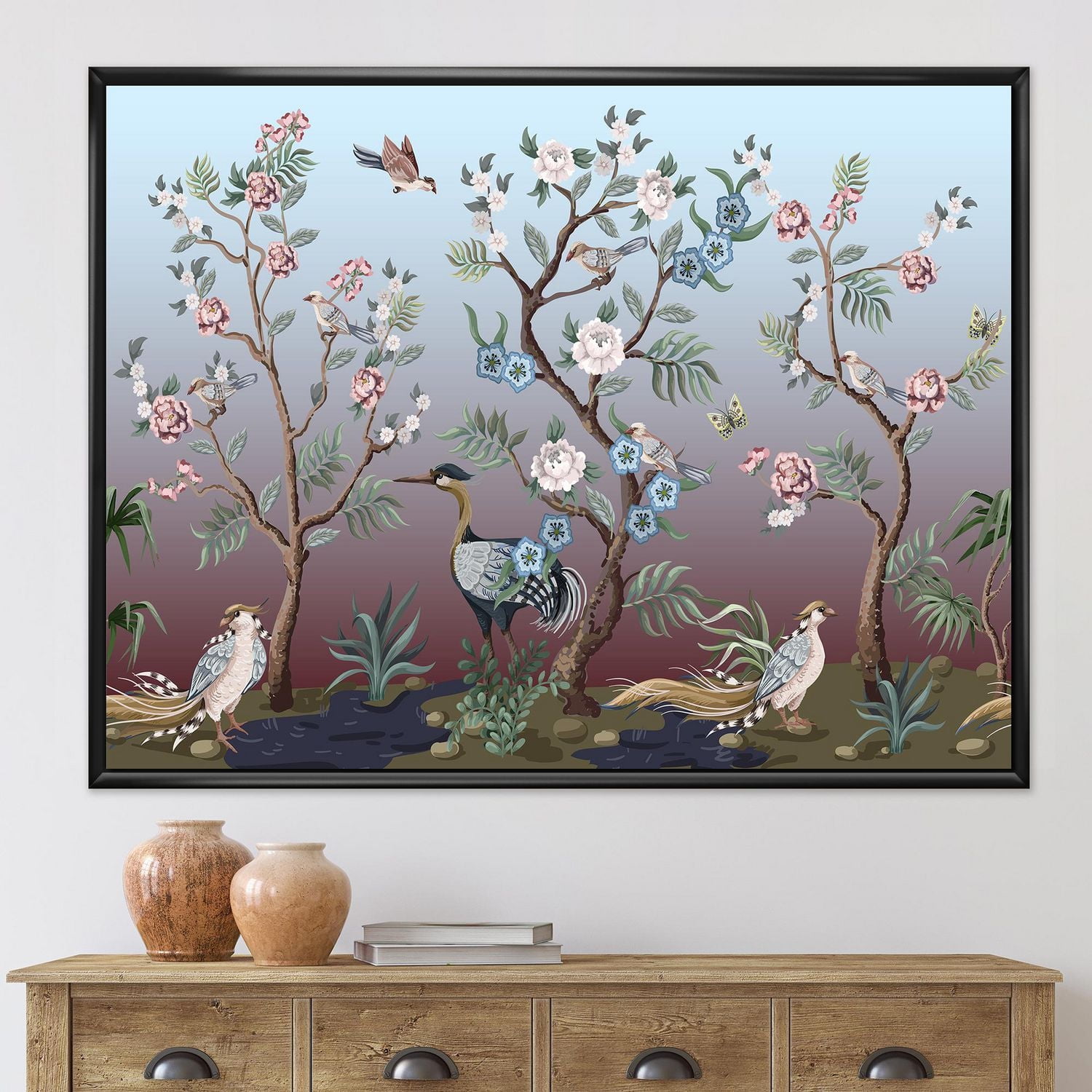 Designart Chinoiserie With Birds and Peonies XI FLOAT FRAME WALL ART
