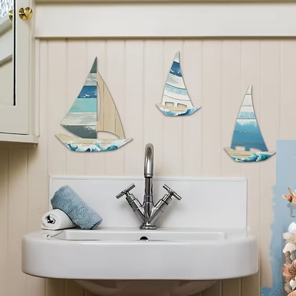 Hugtrea 3 Pcs Wooden Sailboat Wall Decor Nautical Hanging Sailboat Wall Sculpture Rustic Ocean Coastal Theme Wall Art for Bathroom Living Room Bedroom Office