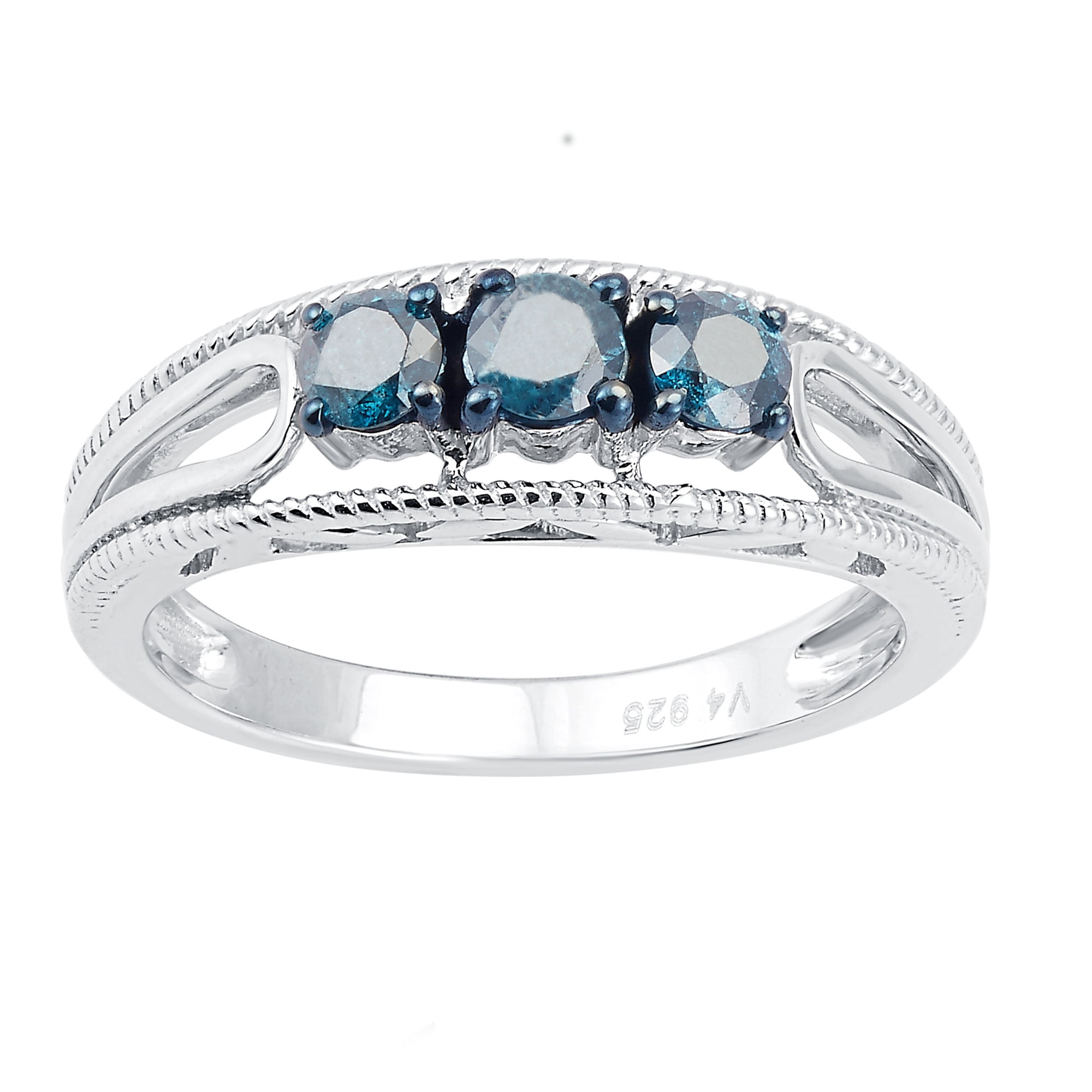 Sterling Silver with 0.50 cttw Genuine Blue Diamond Three Stone Promise Ring