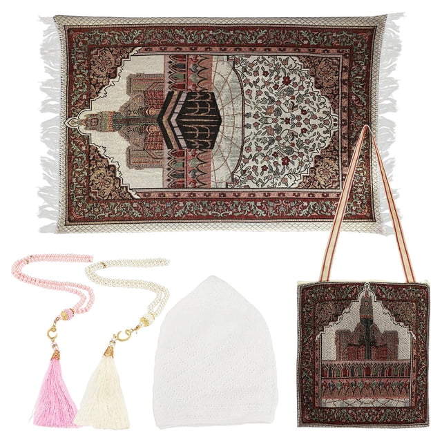 With Beads Portable Muslim Prayer Rug Kufi Hat Lightweight Home Travel Men Women