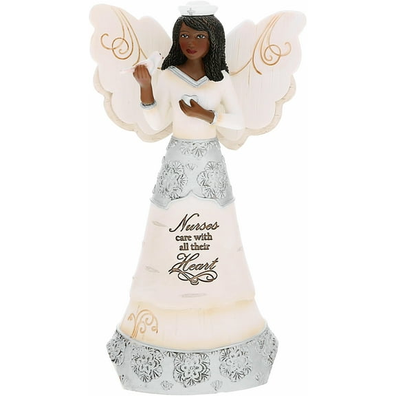 Pavilion - Nurses Care with All Their Heart - 6" Ebony African American Angel Figurine Religious Nursing Home Emergency Room Labor & Delivery Surgical Critical Care Nurse Gift Present
