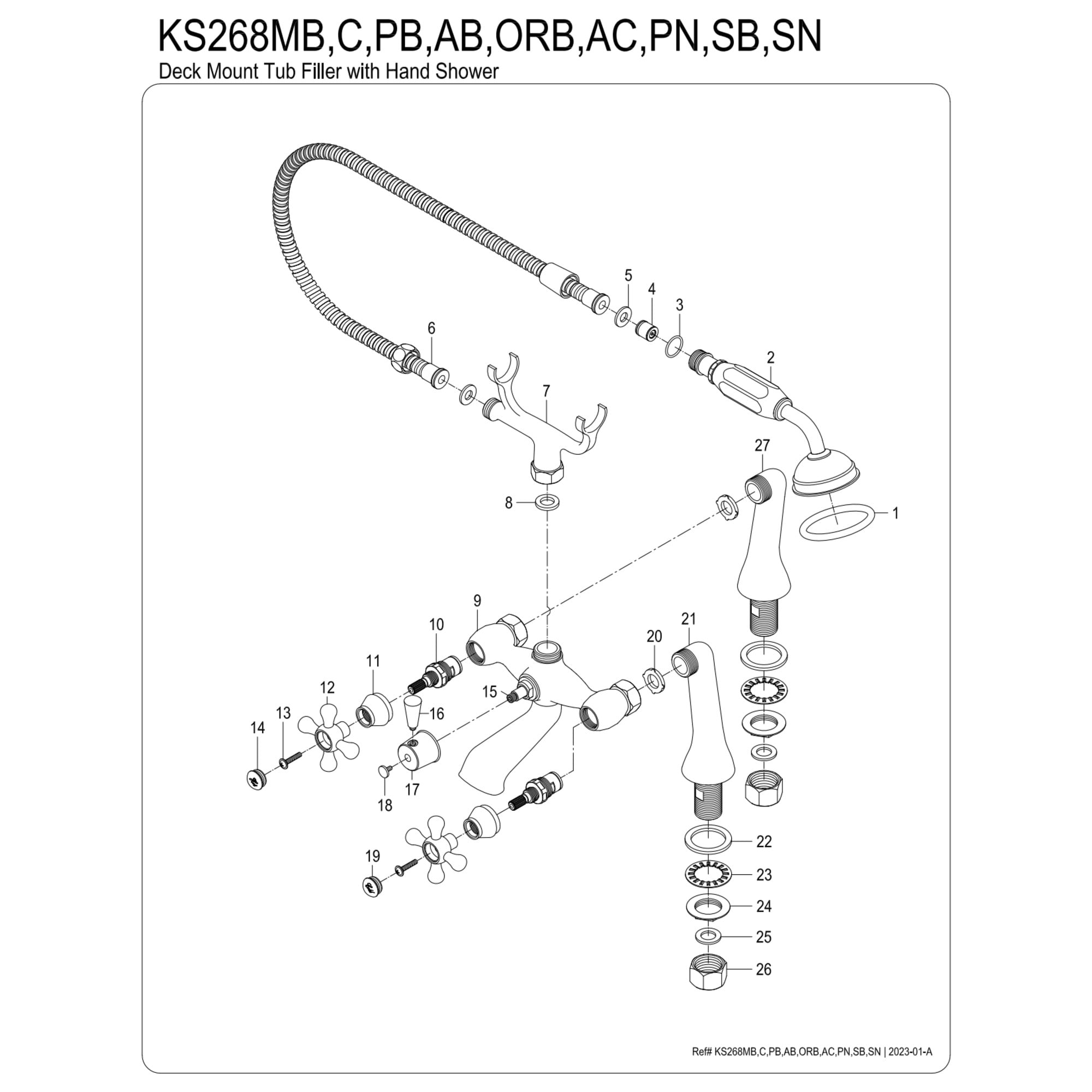 Kingston Brass KS268SB Kingston 7" Center Deck-Mount Clawfoot Tub Faucet with Hand Shower, Brushed Brass