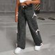 thumbnail image 4 of Cowsor Girls Baggy Jeans Distressed Denim Pants Elastic Waist Wide Leg Jeans for Girls Kids Loose, 4 of 6