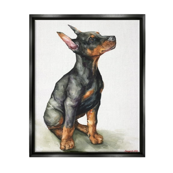 Stupell Industries Doberman Puppy Dog Pet Animal Watercolor Painting Jet Black Framed Floating Canvas Wall Art, 16x20, by George Dyachenko