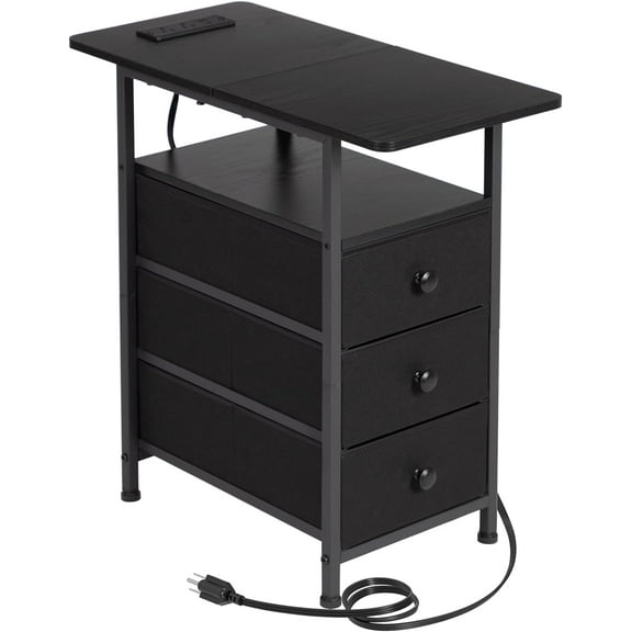 Narrow Side Table with Charging Station, Slim End Table with USB Ports and Outlets, Nightstand with 3 Fabric Drawers for Bedroom, Living Room, Small Space, Black, HETN013BK-1