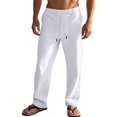 thumbnail image 2 of Men's Simple Casual Elastic Waist Drawstring Straight Leg Linen Pants White M, 2 of 10