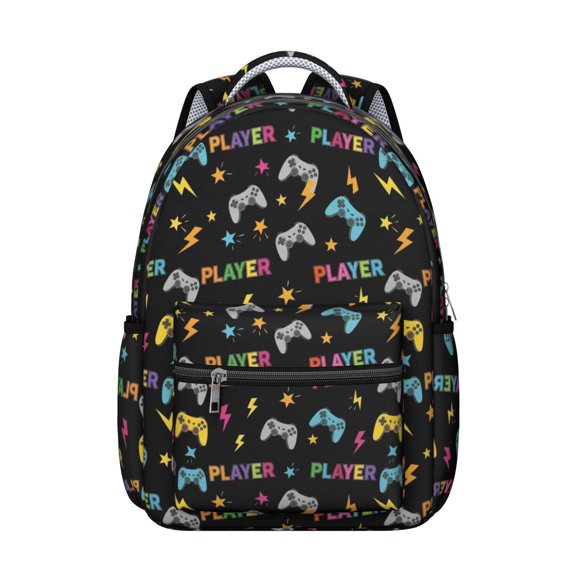 Game Controller Black Pattern Backpack for School, Cute School Bag with Adjustable Shoulder Straps and Padded Back, 15.3"x11"x7.1"
