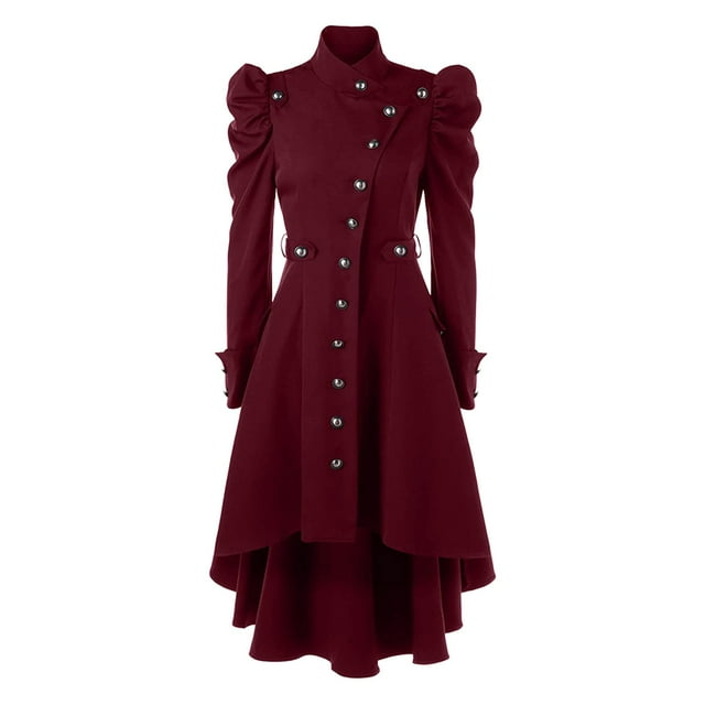 DuoJiaJ Manteau Mi-Long Style Britannique Ajusté à Col Montant Rétro Médiéval pour Femmes