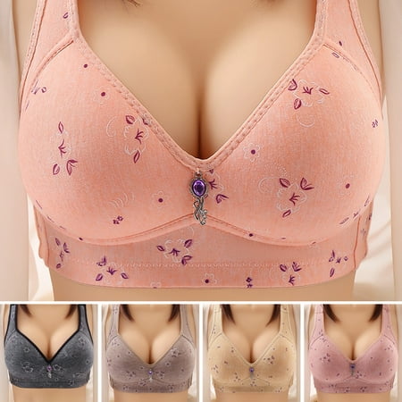 

rygai Mother Bra Flower Print Thin No Wire Mid-aged Padded Protect Breast Back Closure V Neck Women Brassiere Women Underwear Skin Color L