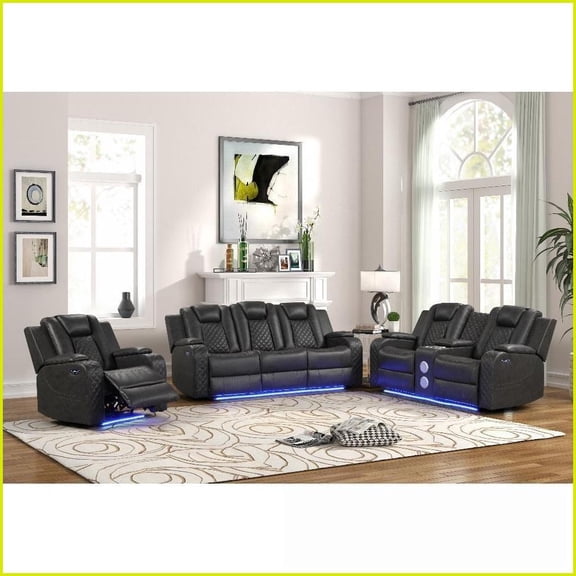 BENZ 3 PC Power Recliner Living Room Set - Modern Gray Faux Leather with Ambient LED Lighting | Gray | Faux Leather | 3-Piece Set