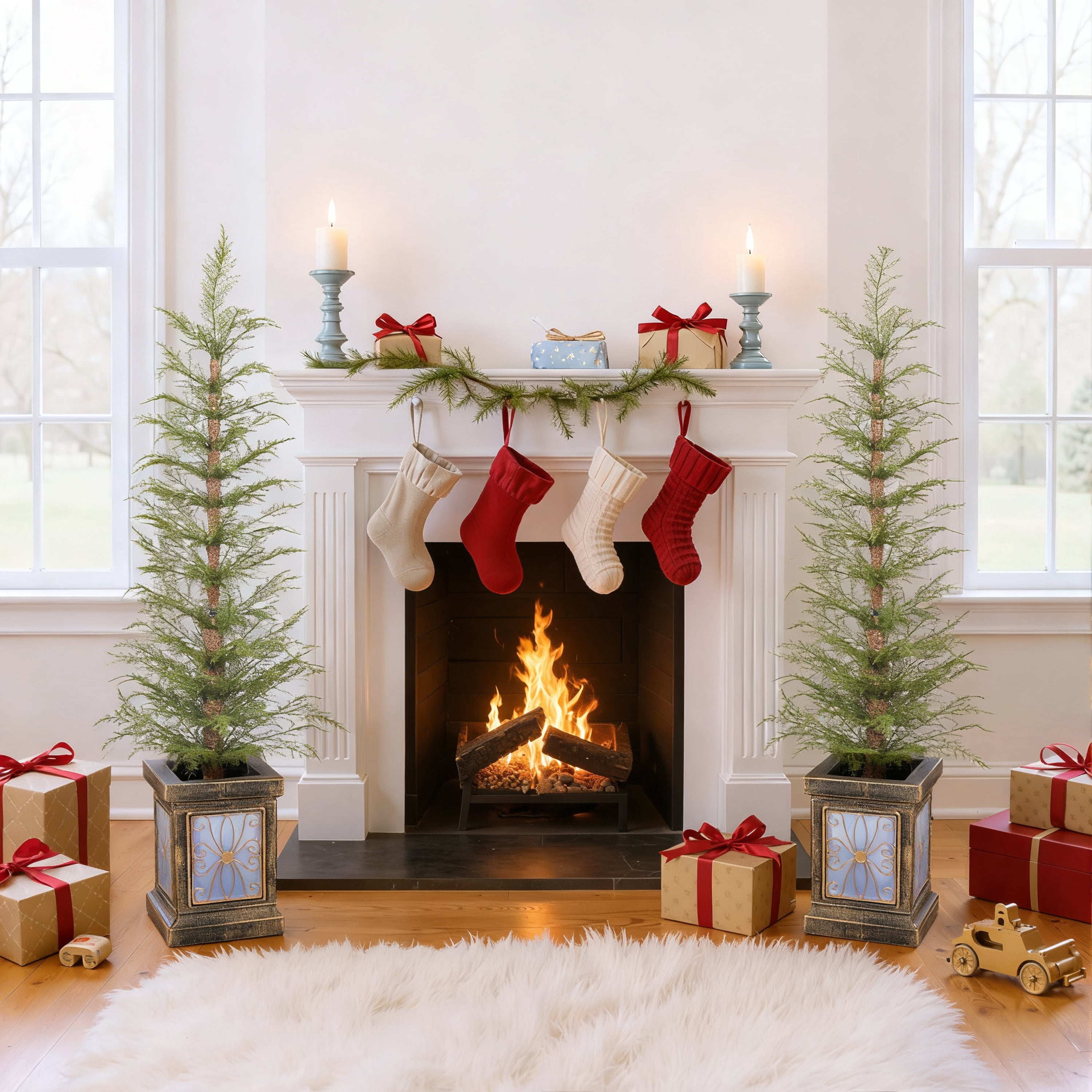 Set of 2 4ft Prelit PE Christmas Trees with Gold Pots Tabletop Mantel Doorway Holiday Decor