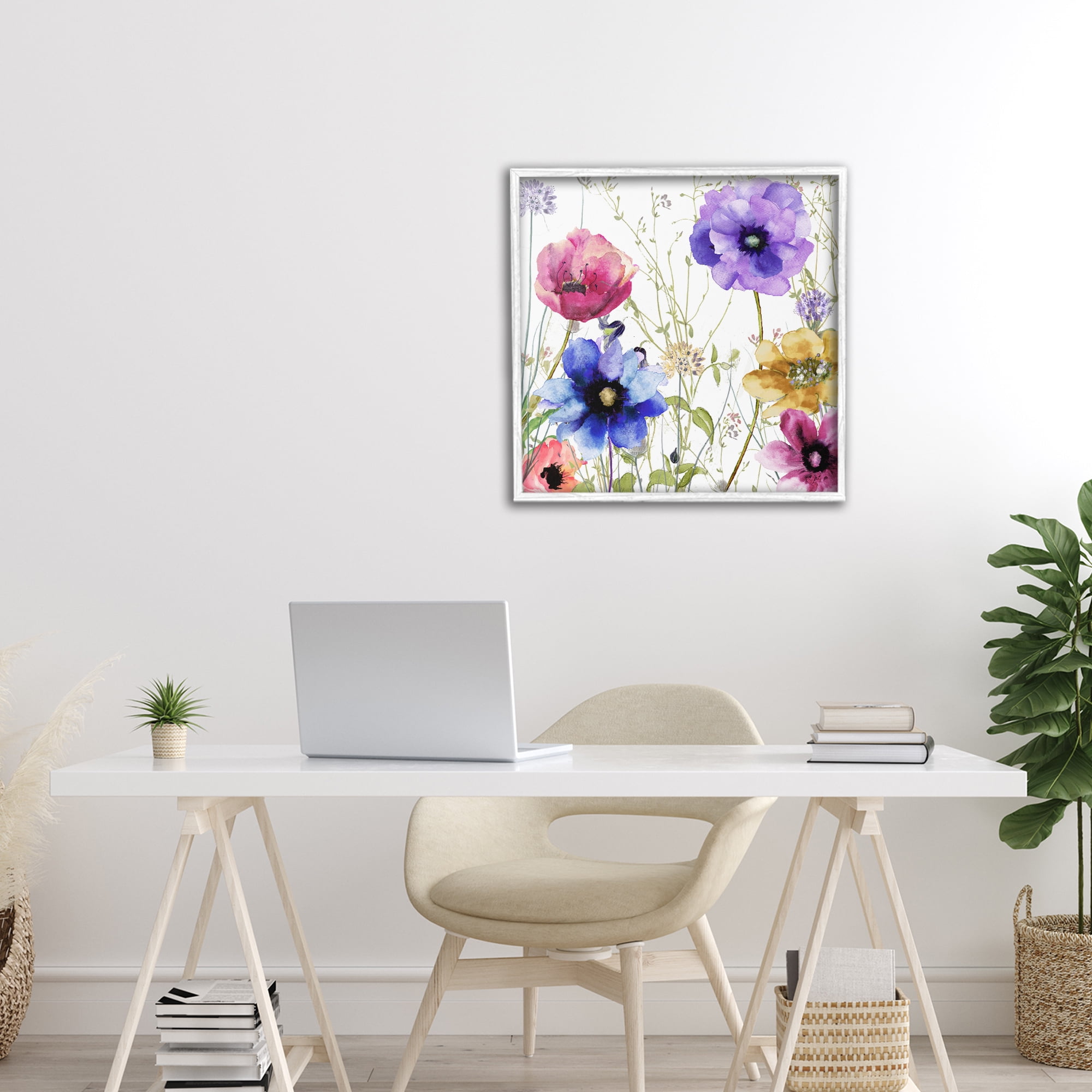 Modern Spring Garden Flowers White Framed Giclee Art, design by Sasha
