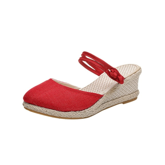 JikouIivo New Knitted Round Toe Wedge Sandals Women's High Heel Summer Casual Slippers Womens Shoes Sandals Platform Red 6