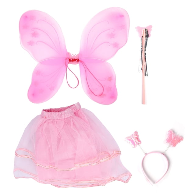 Conjunto de disfraz de hada mariposa con varita, diadema y falda para niños, para fiesta de Halloween, alas rosas de una sola capa, 4 piezas/juego