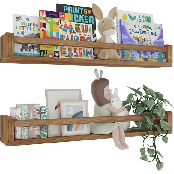 Floating Shelves, Rustic Natural Solid Wood Wall Nursery Shelves - Book Shelves for Kids Room, Bedroom, Kitchen, Living Decor (Carbonized, 32inch - 2P)