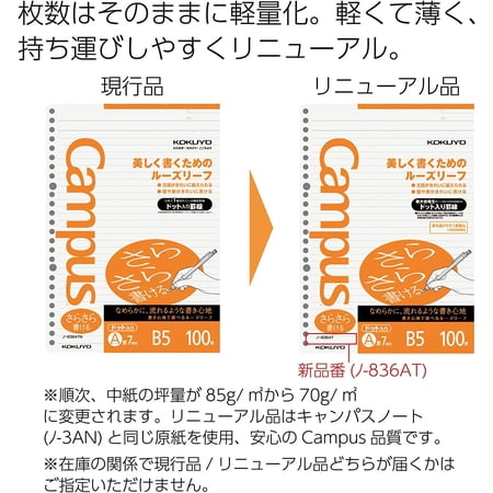 ルーズリーフ コクヨ キャンパス　ルーズリーフさらさら書ける　Ｂ５（２６穴）ドット入り７ｍｍ罫１００枚 ノ-836AT