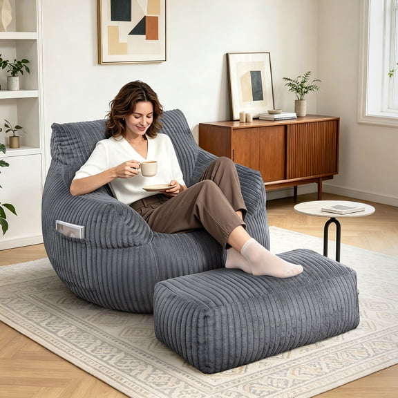 Umi Patio Bean Bag Chair with Ottoman, Corduroy Beanbag Sofa with Footrest for Adults, Grey