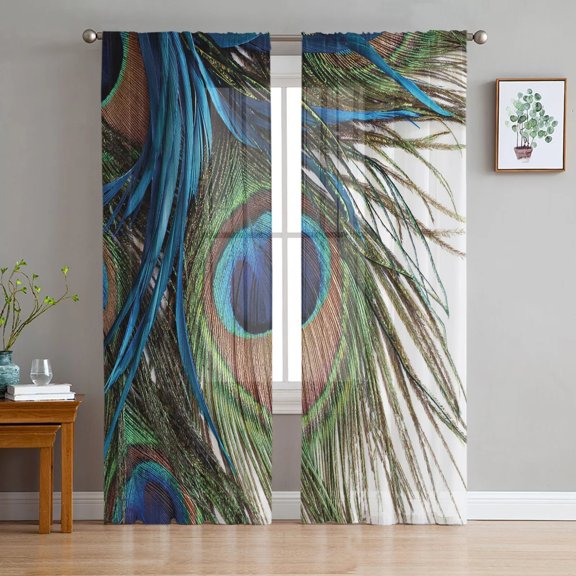 Peacock Feather White Print Sheer Window Panel Curtains Room for Living Room Bedroom Kitchen Room Chiffon Tulle Curtains