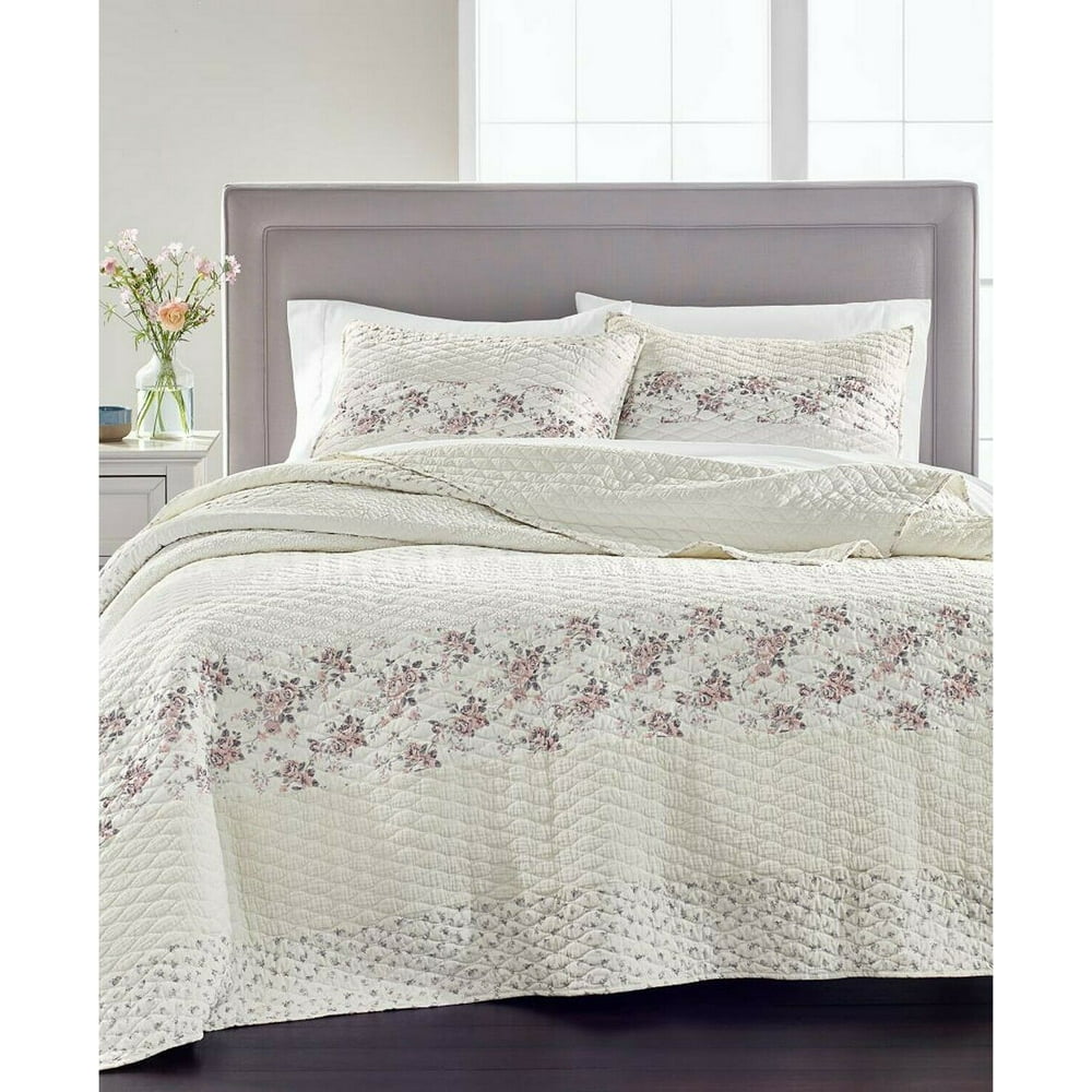 Martha Stewart Collection Velvety Textured Floral Stripe Cotton Quilt