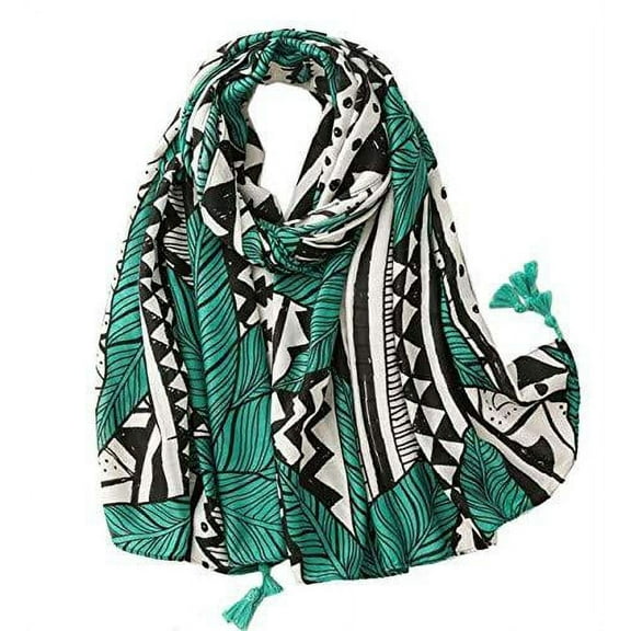 StylesILove Women Girls Green Leaf Geometric Print Oblong Scarf Lightweight Autumn Wrap Shawl