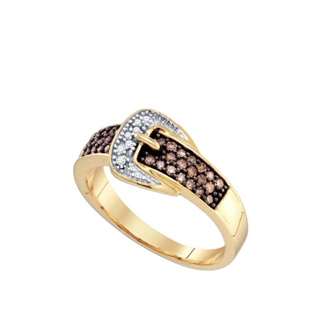 Size 7 - 10k Yellow Gold Chocolate Brown Diamond Belt Buckle Band Ring (1/4 Cttw)