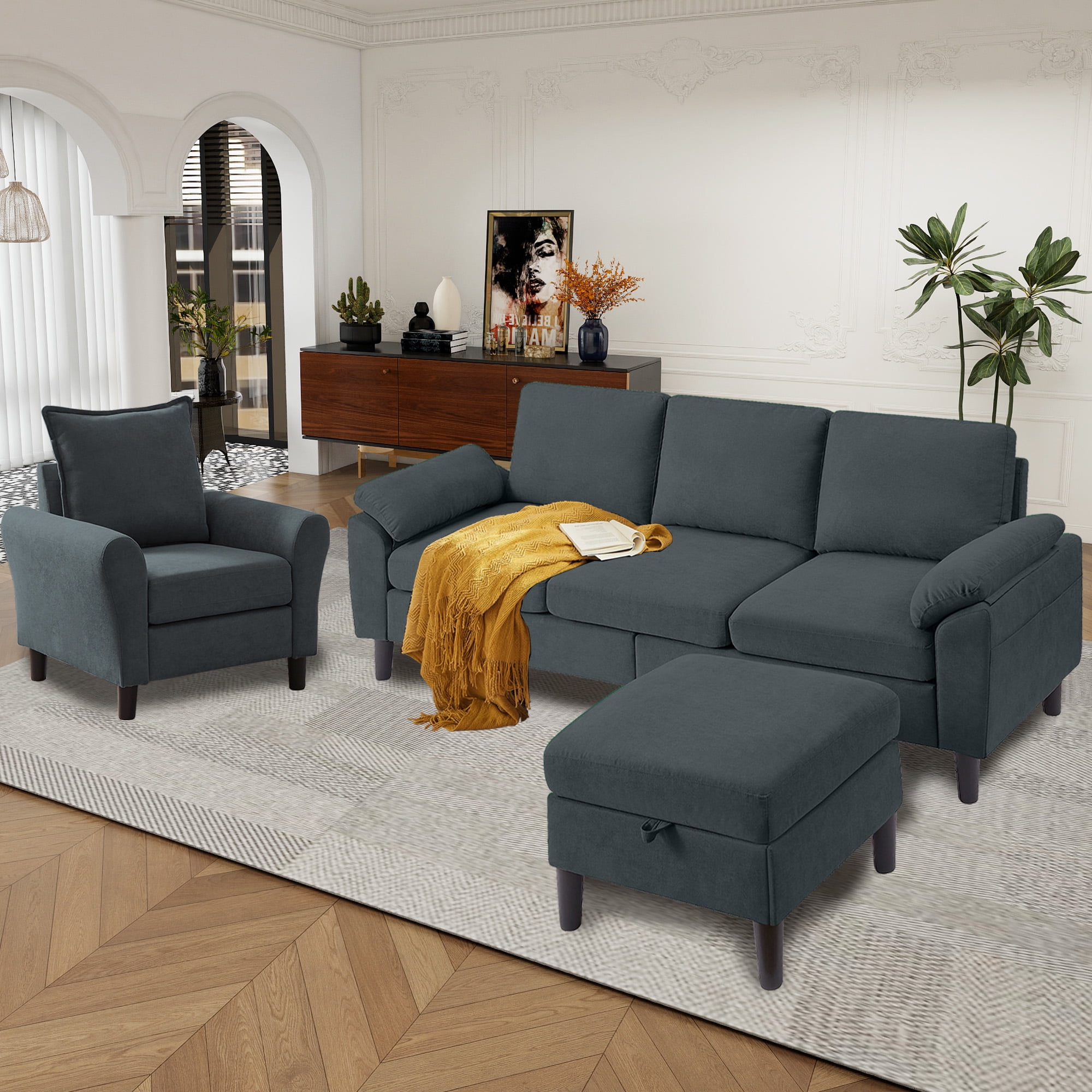 Tornama Modern Linen Convertible L Shaped Sectional Sofa Set, Dark Gray