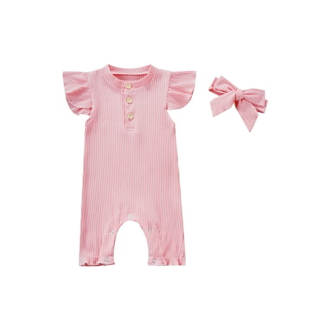 

IZhansean Toddler Infant Baby Girl Boy Jumpsuits Headband 2Pcs Fly Sleeve Solid Knit Button Romper Clothes Pink 2-3 Years