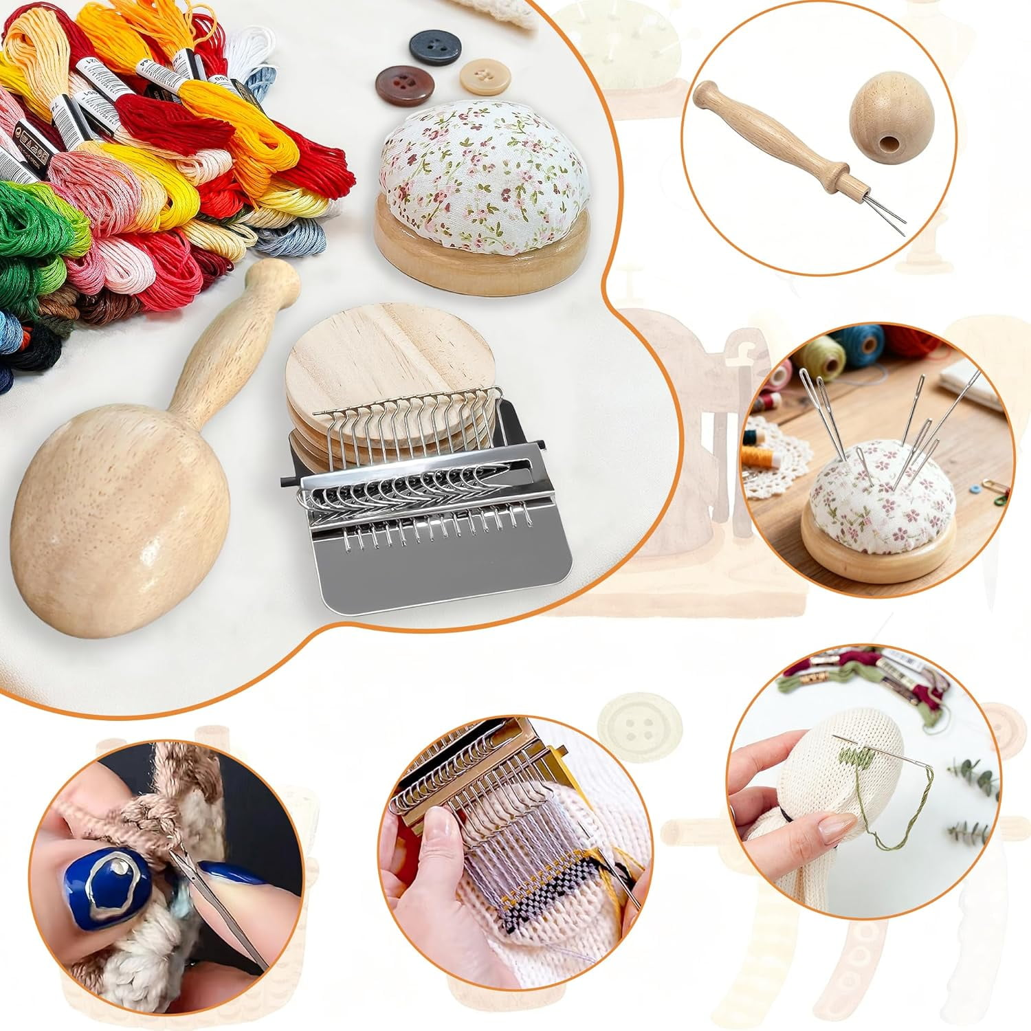 Mini Darning Loom,Egg Knit Patch Kit with 14 Hooks Small Weaving Loom 14 Pcs Large Eye Needles 50 Color Threads for Handcraft DIY Weaving Repair Tool for Beginners