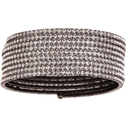 X & O Handset Austrian Crystal Black Rhodium-Plated 9-Row Wire Bangle, One Size