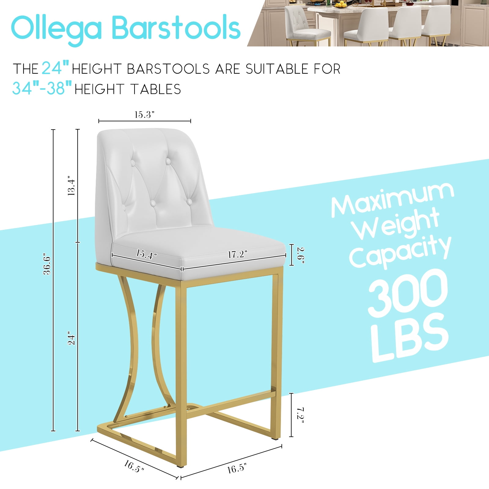 iooHug Set of 4 White Bar Stools, 24" Counter Height Bar Stools, PU Leather Kitchen Island Stools with Back and Gold Footrest, Modern Bar Chairs for Dining Room or Home Bar