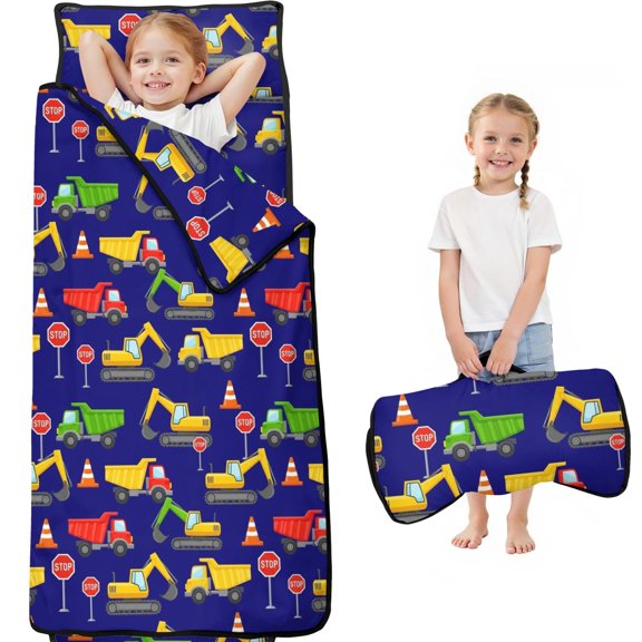 Excavator and Cloud Blue Pattern Teens Toddler Nap Mat with Pillow, Sleeping Mat Bag for Preschool Daycare 59"x22"