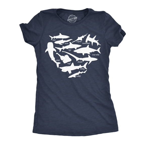 Womens Funny T Shirts Shark Types Heart Sarcastic Ocean Lover Tee For Ladies Womens Graphic Tees