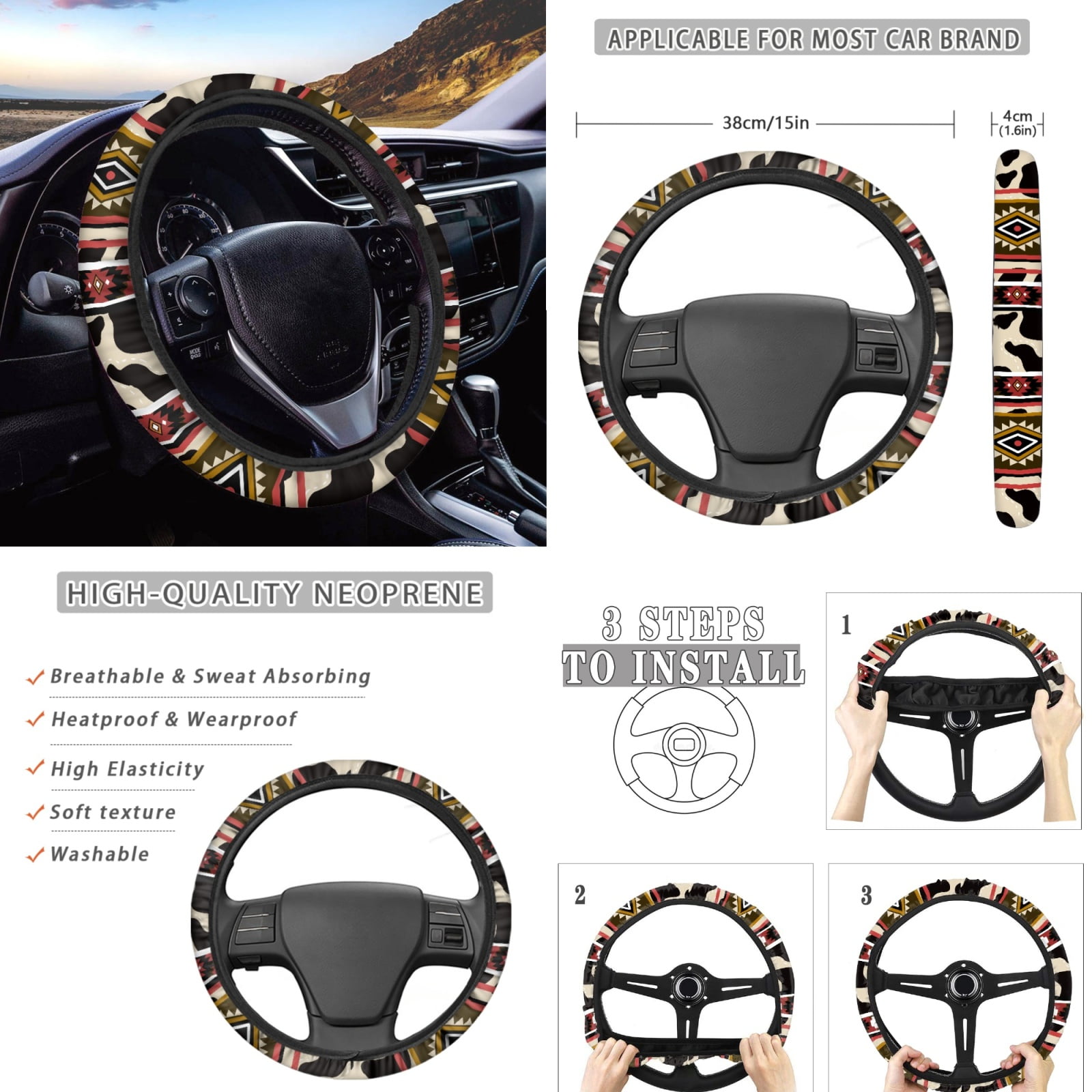 Renewold American Tribal Cow Print Red Beige Car Seat Cushion Cover Full Set 11 PCS, with Steering Wheel Cover Cup Coasters Handbrake Protector Gear Shift Knob Cover Headrest Covers Universal Fit