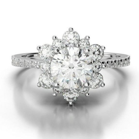 Floral Halo Diamond Ring 2.2 Ct Round Simulated Diamond 14K White Gold Over
