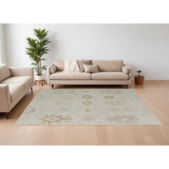 8' X 10' Tan and Gray Wool Floral Hand Knotted Area Rug