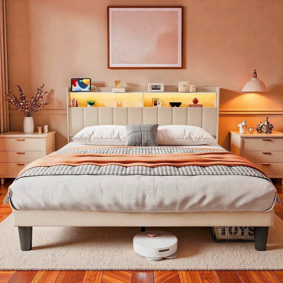Lofka Queen Size Bed Frame with 60,000 RGB LED Lights and Charging Station, Upholstered Storage Headboard with Sturdy Center Bar, 850LBS, Beige Finish