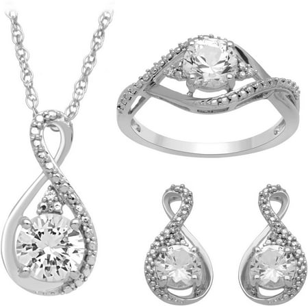 Created White Sapphire and White CZ Sterling Silver Ring, Pendant and Earring Box Set